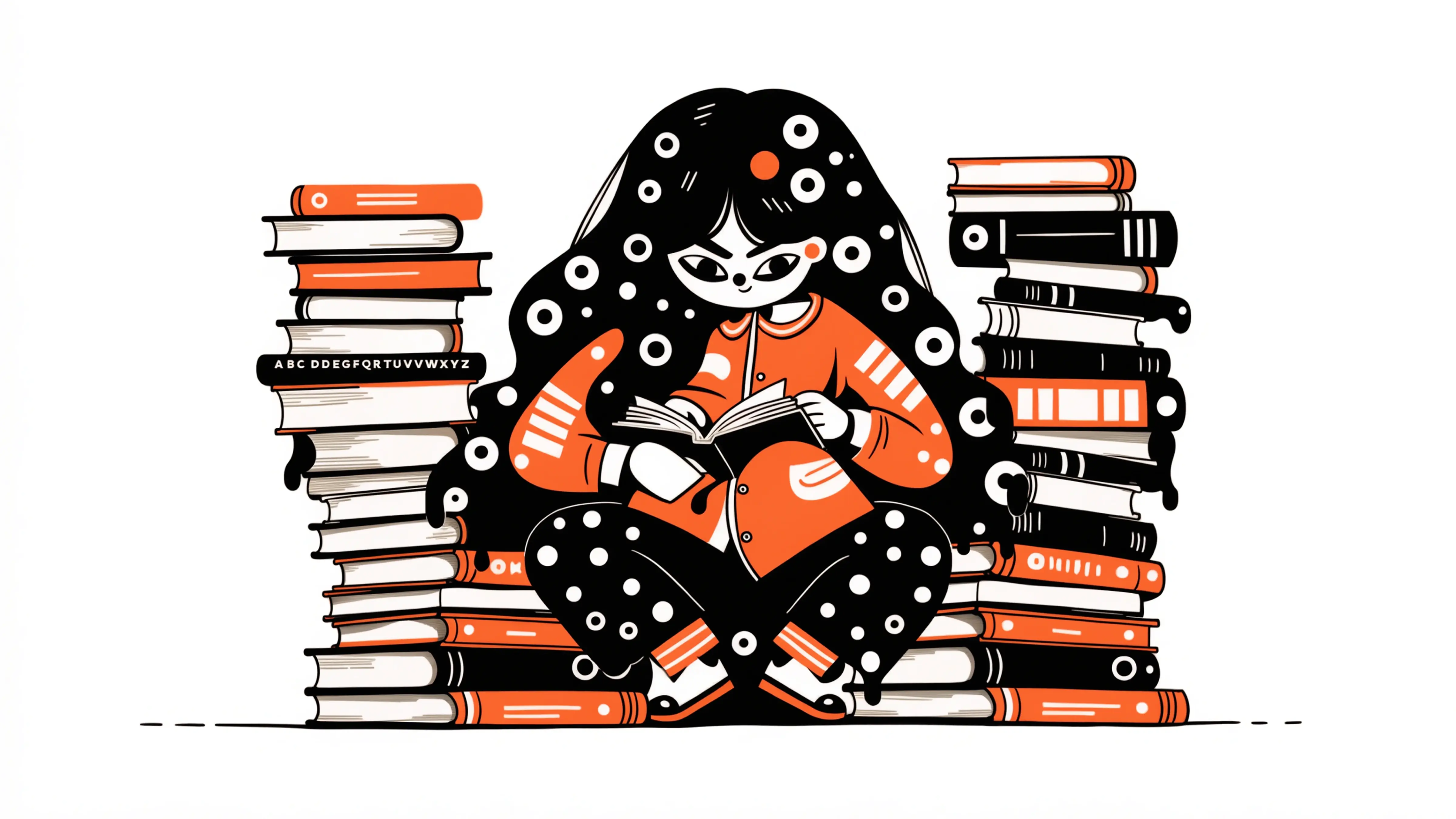 Контрастная иллюстрация: человек читает среди книг